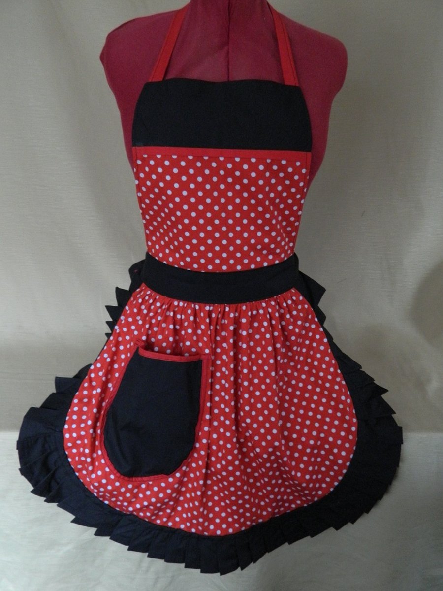 Vintage 50s Style Full Apron Pinny - Red & White Polka Dot with Black Trim