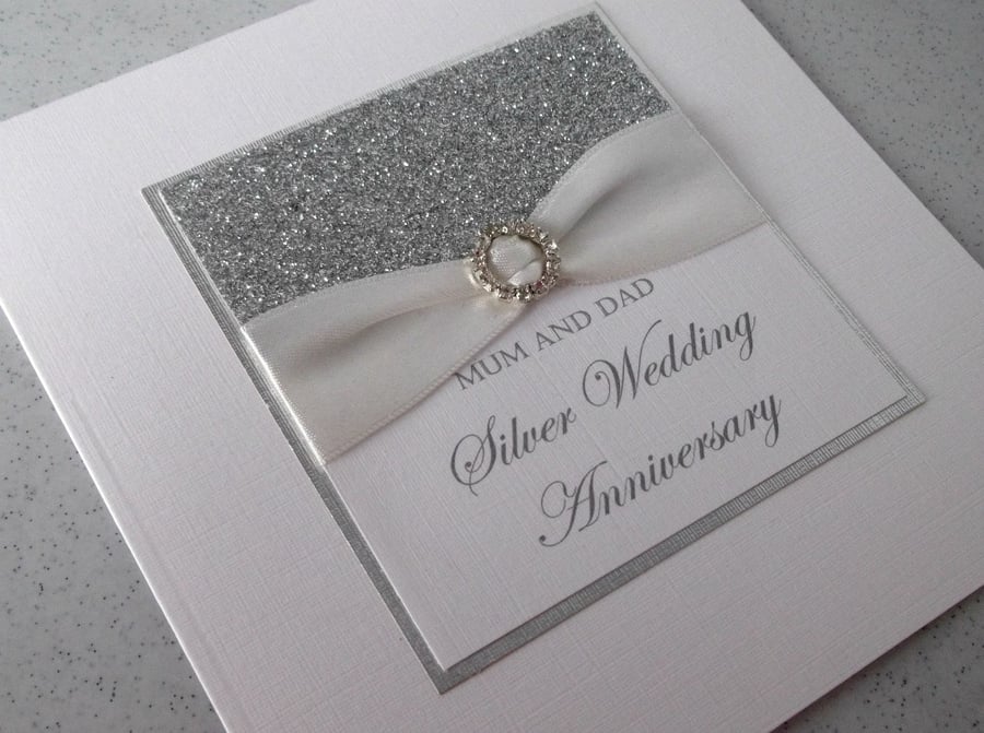 Handmade silver 25th wedding anniversary card, modern, designer