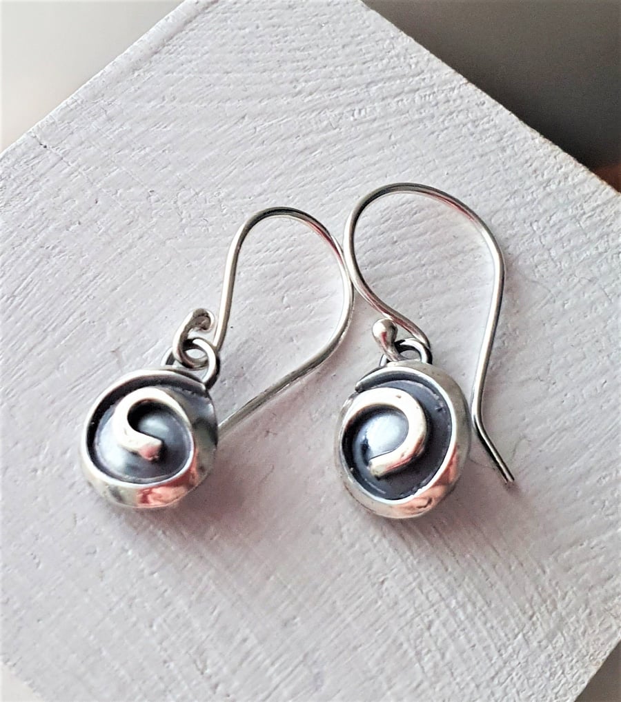 Single spiral drop earrings - recycled sterling silver earrings, handcrafted