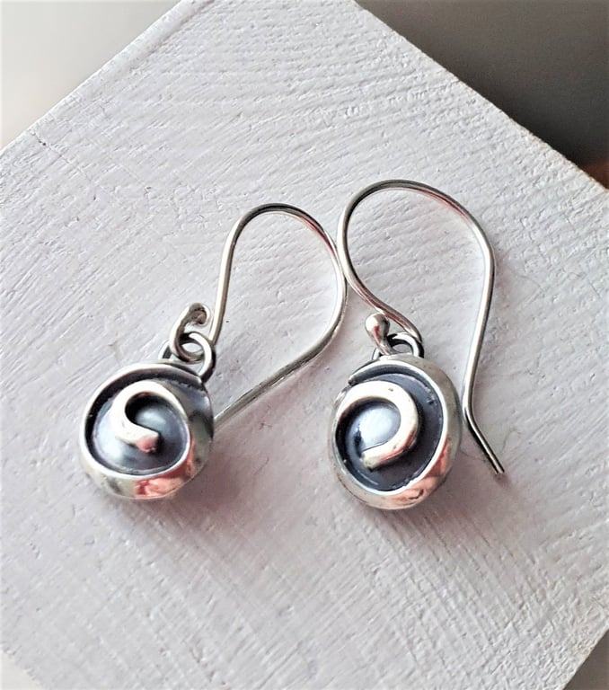 Single spiral drop earrings - recycled sterling silver earrings, handcrafted