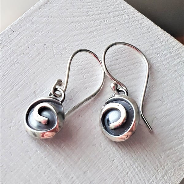 Single spiral drop earrings - recycled sterling silver earrings, handcrafted