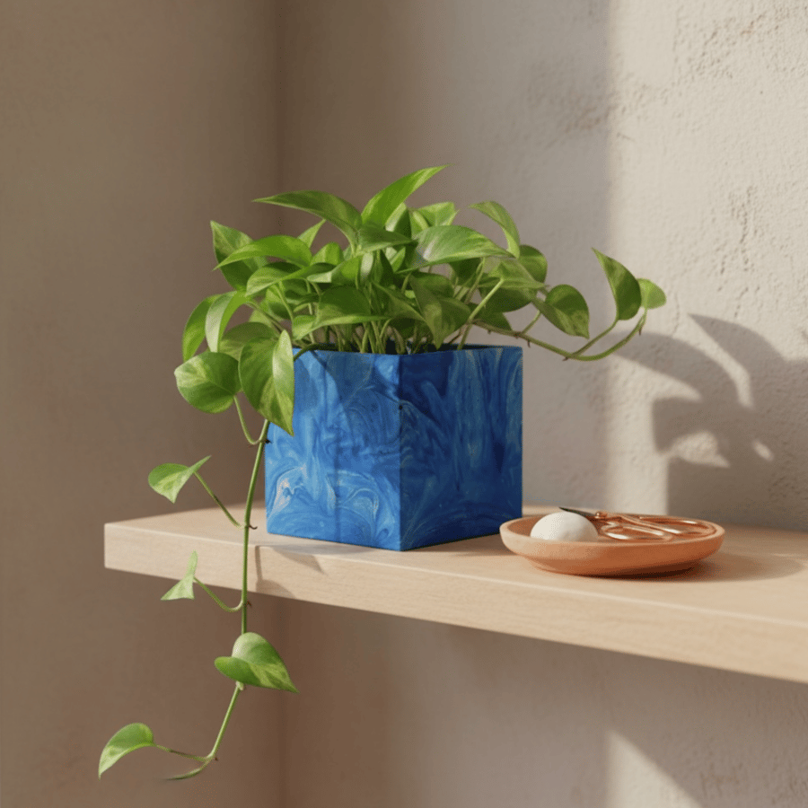 10 cm Square Blue Marble Effect Plant Pot Indoor Planter