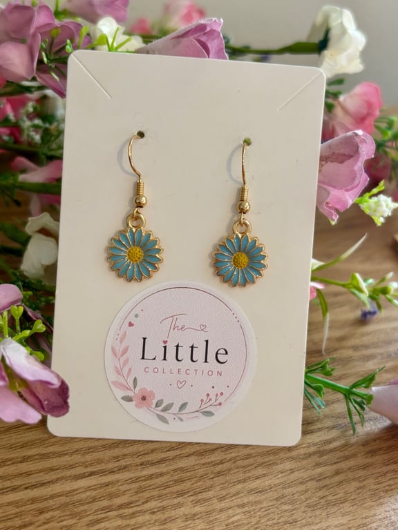 Blue Flower Dangle Earrings, Enamel Floral Charms, Handmade Jewellery