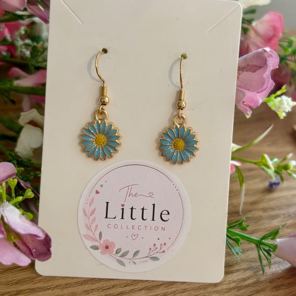 Blue Flower Dangle Earrings, Enamel Floral Charms, Handmade Jewellery