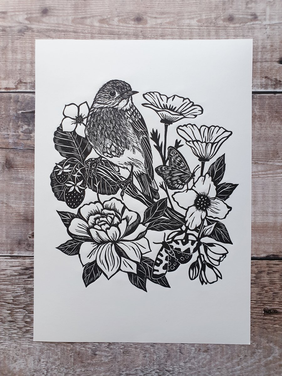 Robin and Flowers Lino Print - Robin Lino Print 