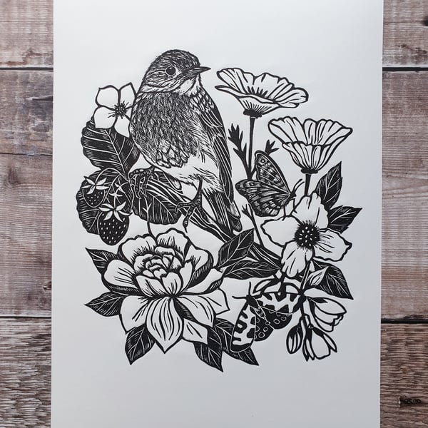 Robin and Flowers Linocut Print - Summer Garden Linocut - Robin Lino Print 
