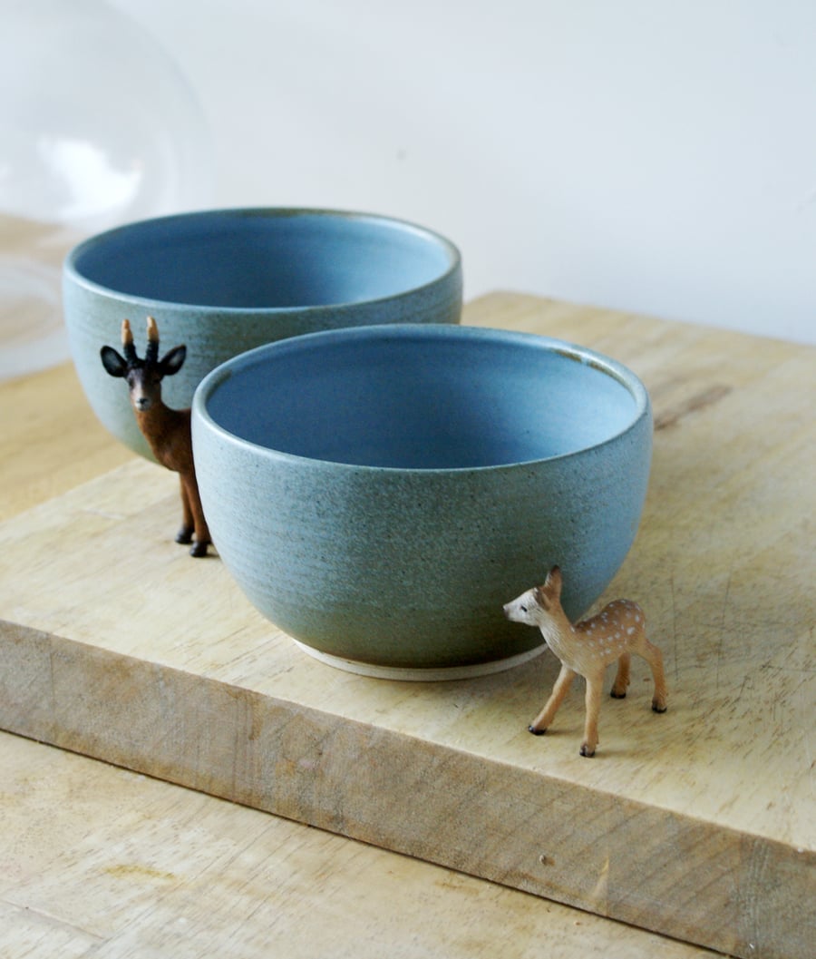 Set of two pottery soup bowls - handmade and glazed in speckled smokey blue