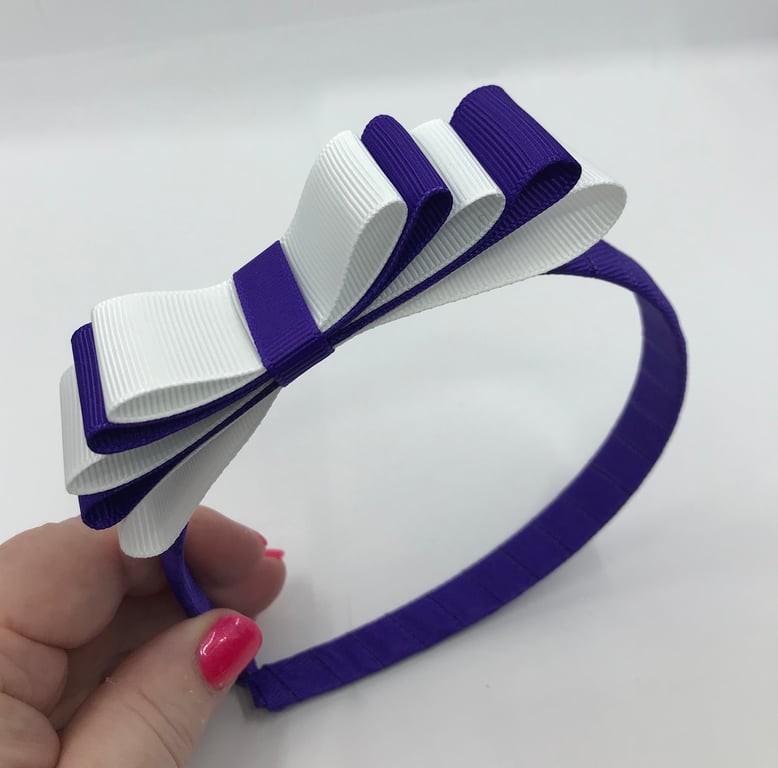 Purple Hairband with 5 Layer Purple and White Two-tone Straight Bow