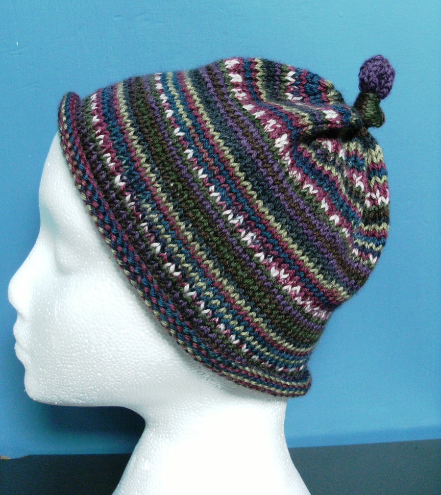 Handknit KNOTTY TOP BEANIE Stripey jacquard Berry child teen small adult
