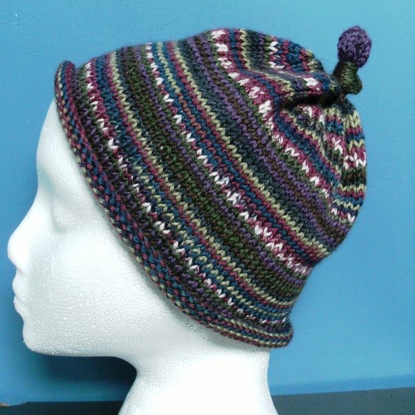 Handknit KNOTTY TOP BEANIE Stripey jacquard Berry child teen small adult