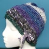 Handknit Noro cotton silk & wool hat purple blue green multi MED