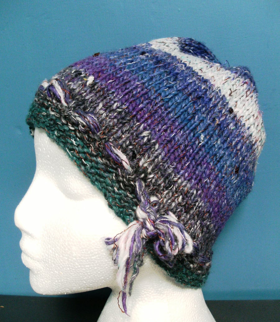 Handknit Noro cotton silk & wool hat purple blue green multi MED
