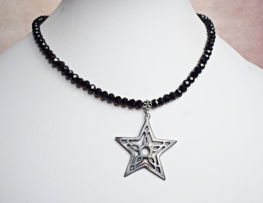 Star Necklace with Black Glass Beaded Chain, Black Lip Shell Necklace
