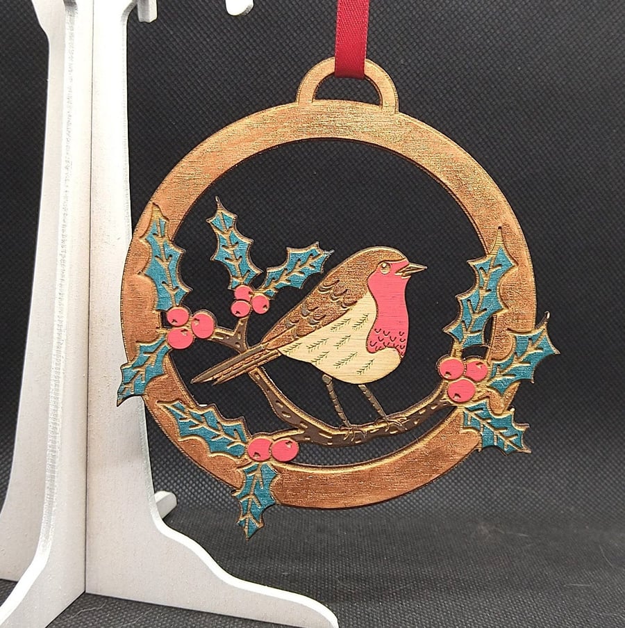 Robin in amongst holly, Hand-Drawn & hand painted, laser-etched,  Wood