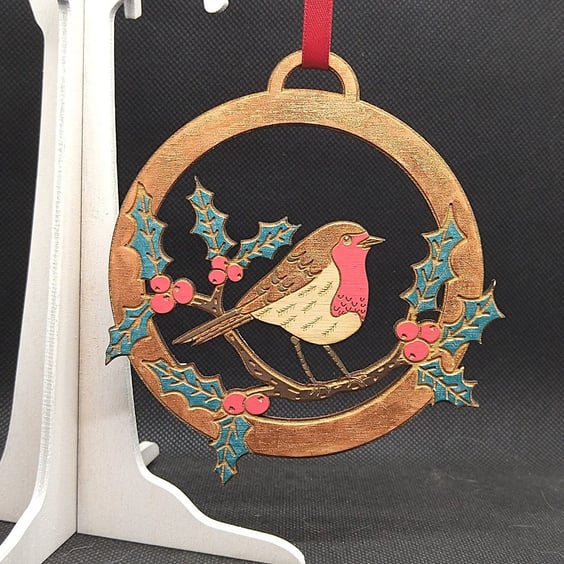 Robin in amongst holly, Hand-Drawn & hand painted, laser-etched,  Wood