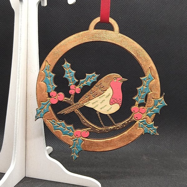 Robin in amongst holly, Hand-Drawn & hand painted, laser-etched,  Wood