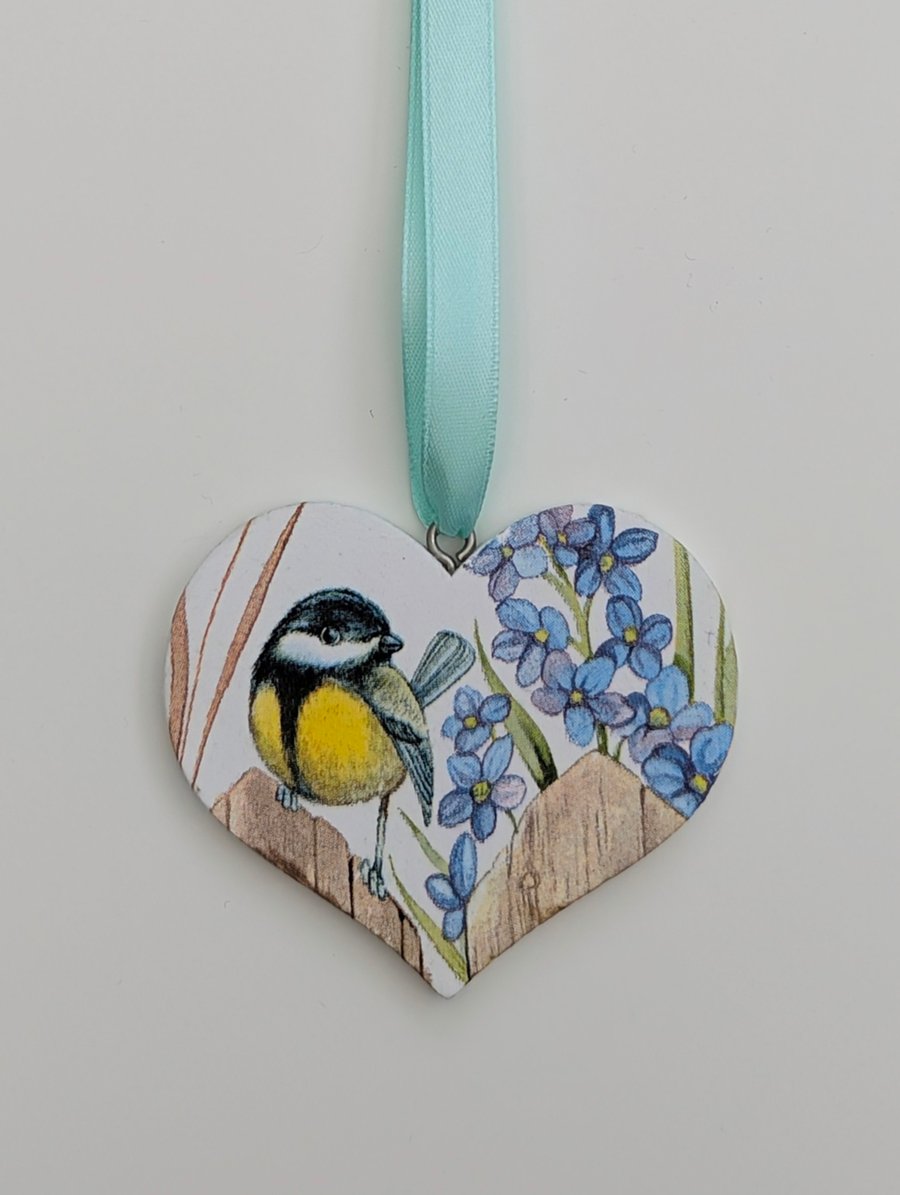 Garden bird wooden hanging heart decoration, great tit, Mother's day gift idea