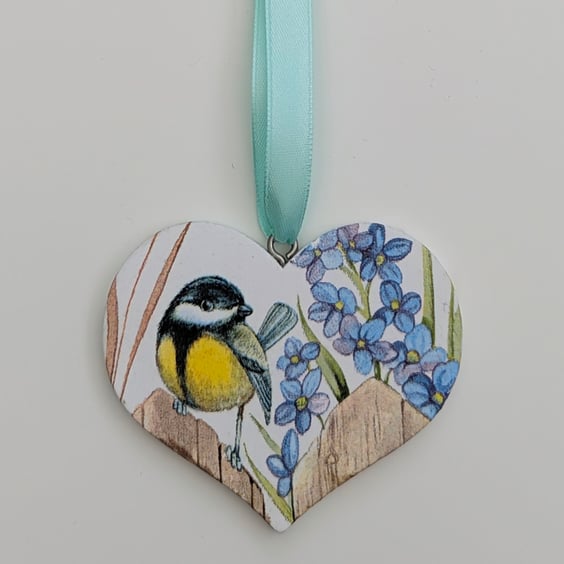 Garden bird wooden hanging heart decoration, great tit, Mother's day gift idea