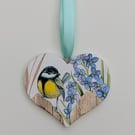 Garden bird wooden hanging heart decoration, great tit, Mother's day gift idea