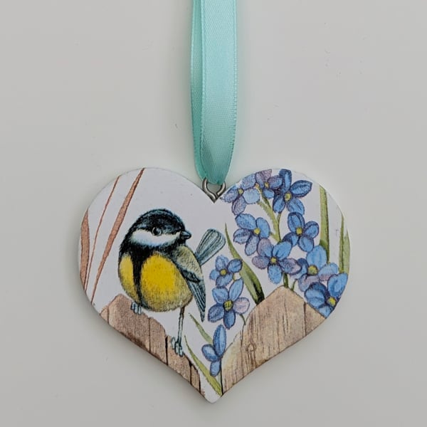 Garden bird wooden hanging heart decoration, great tit, Mother's day gift idea