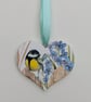 Garden bird wooden hanging heart decoration, great tit, Mother's day gift idea