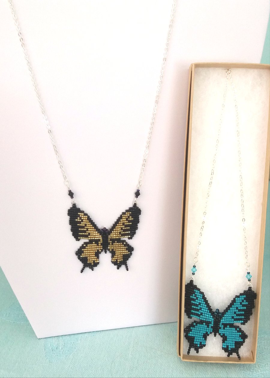 Beaded Butterfly Necklace - Black and Gold