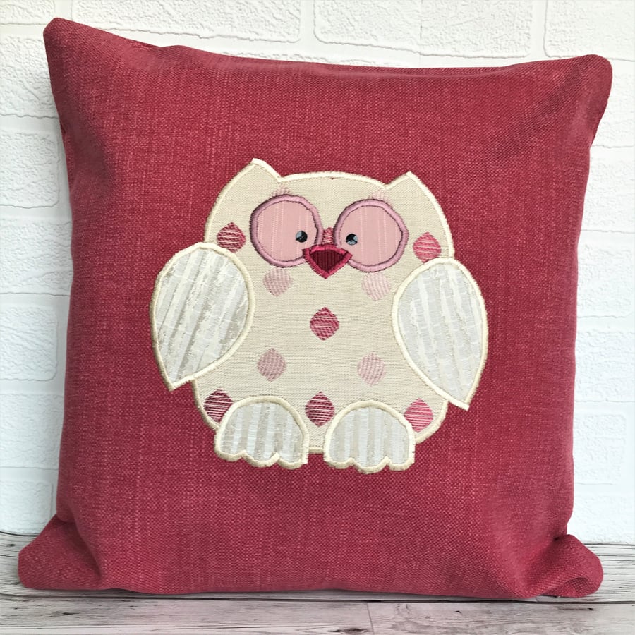 SALE, Owl cushion in coral pink with gold applique owl