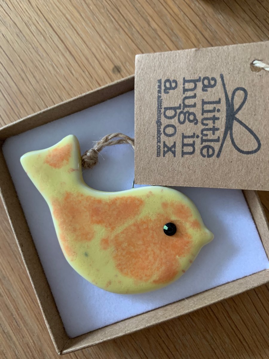  A Little Hug in a Box Hand Made Orange and Lemon Speckled Porcelain Bird  