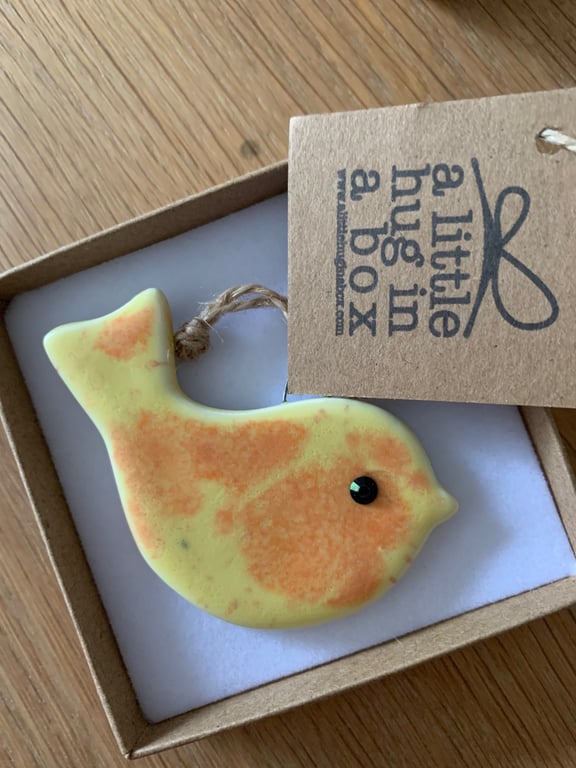  A Little Hug in a Box Hand Made Orange and Lemon Speckled Porcelain Bird  