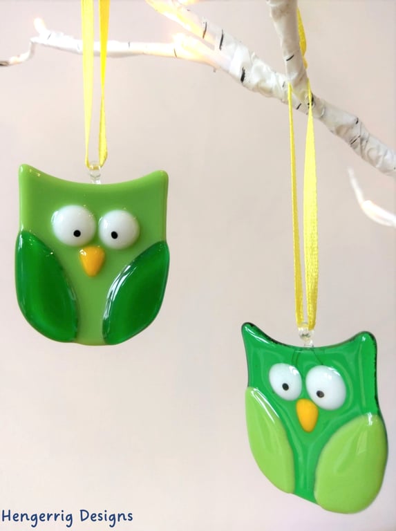 Green Fused Glass Owls