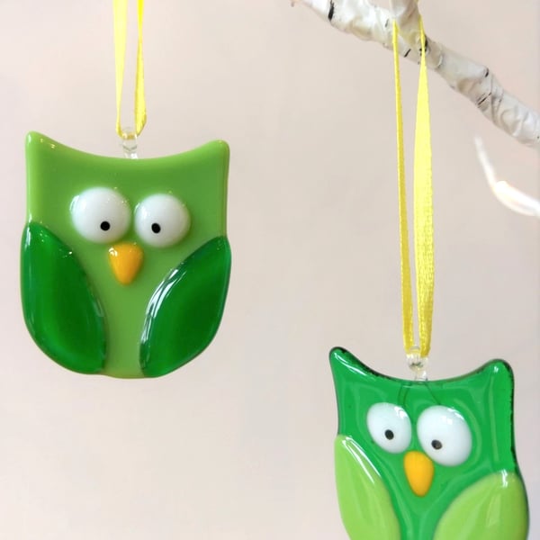 Green Fused Glass Owls