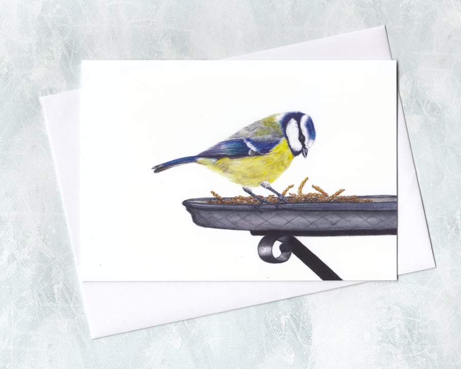 Blue Tit Greetings Card, Garden Bird Illustration