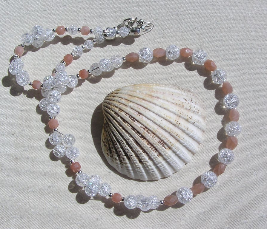 Clear Quartz and Peach Sunstone Gemstone Statement Beaded Necklace