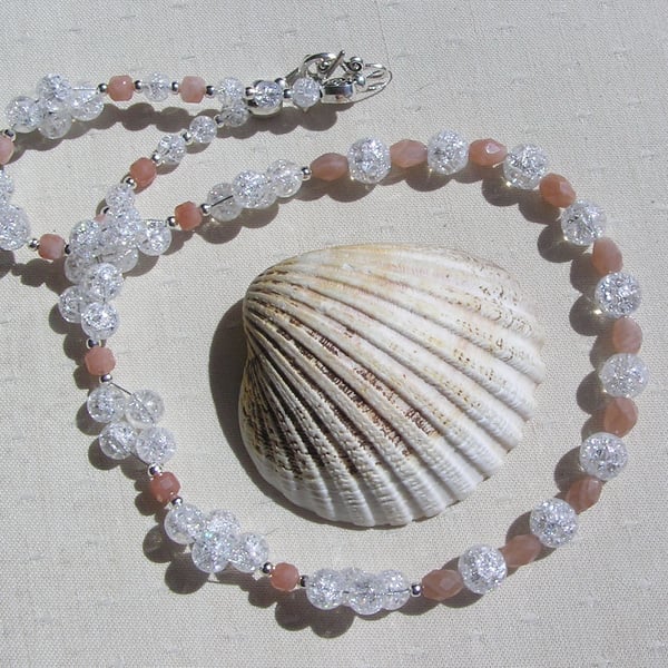 Clear Quartz and Peach Sunstone Gemstone Statement Beaded Necklace