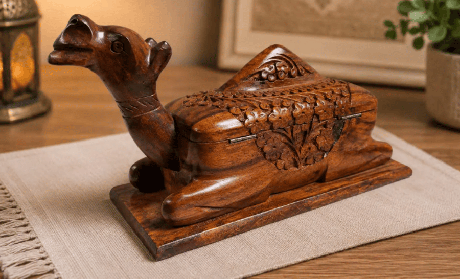 Handmade Wooden Camel Box – Rustic Carved Wood Trinket & Jewelry Box