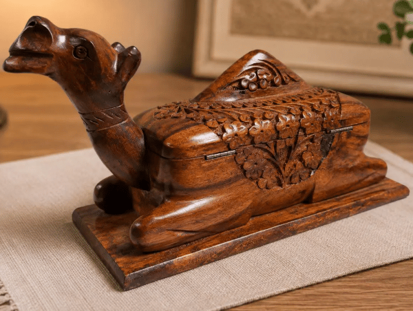 Handmade Wooden Camel Box – Rustic Carved Wood Trinket & Jewelry Box