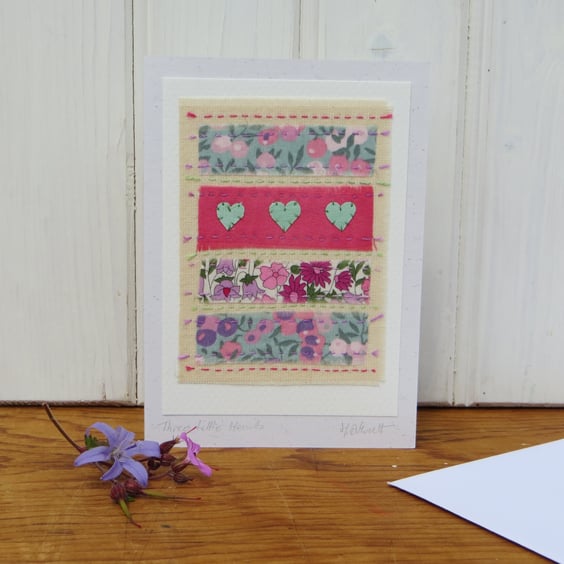 Hand-stitched little hearts card with Liberty prints,  so pretty!