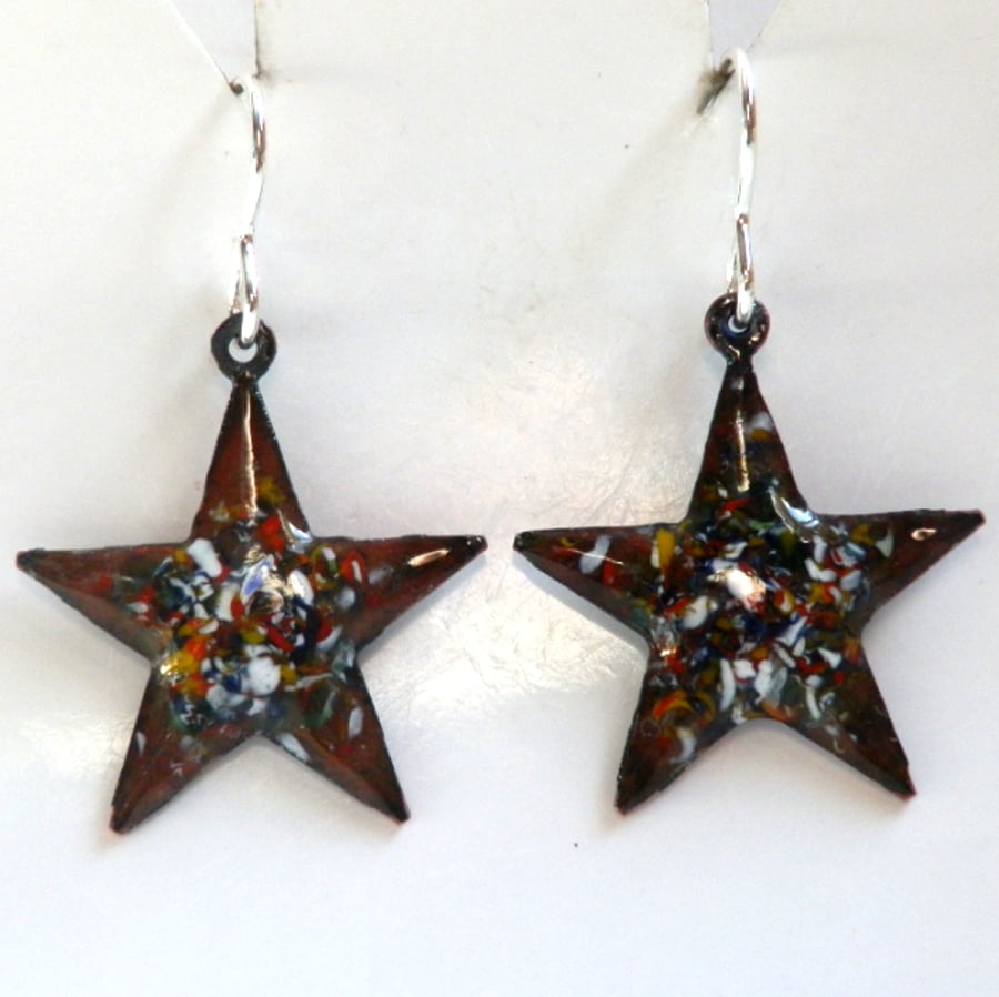 star earrings - multicolour enamel chip on clear - silver wires or clip-on