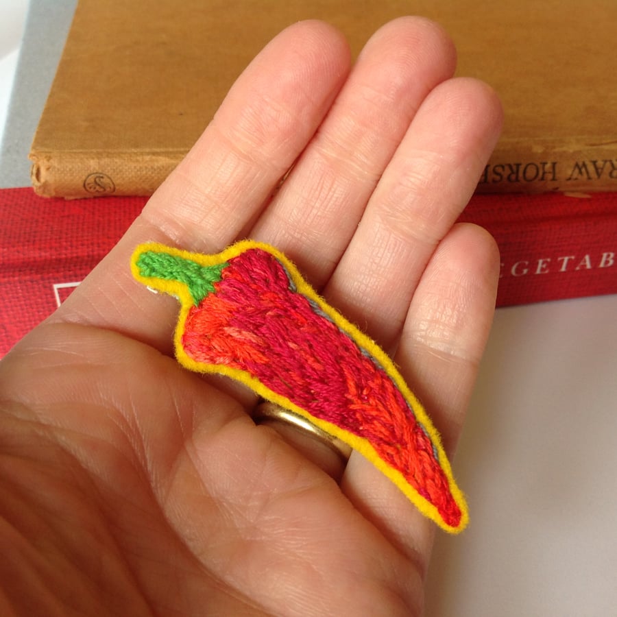 Brooch, Hand Embroidered Chilli Pepper