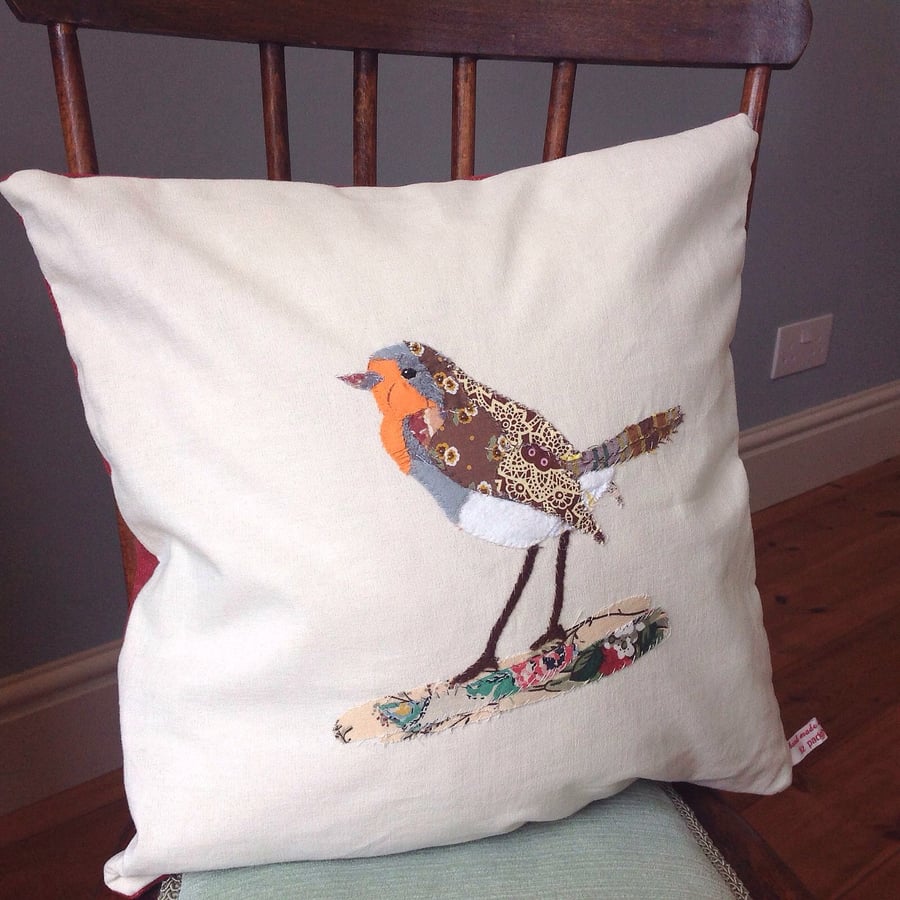  Robin Bird Hand Stitched Vintage Fabric Cushion