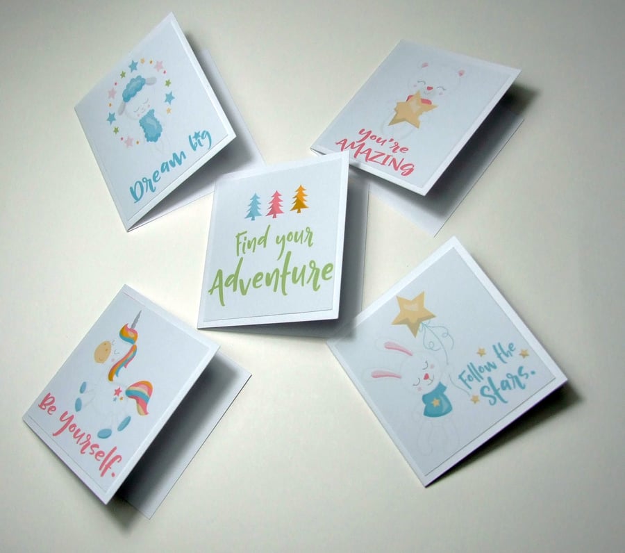 5 Cute Animals Motivational 3x3 Inch Blank Mini Note Cards Stationery Gift Tags