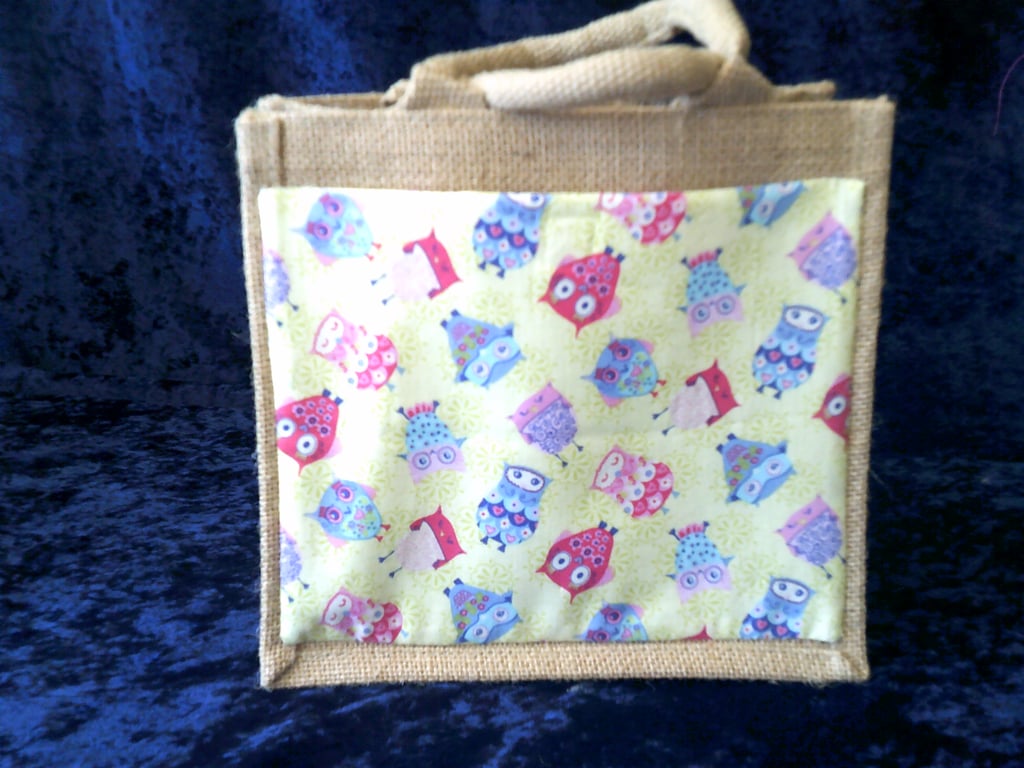 Small Jute Bag with Owls Pocket