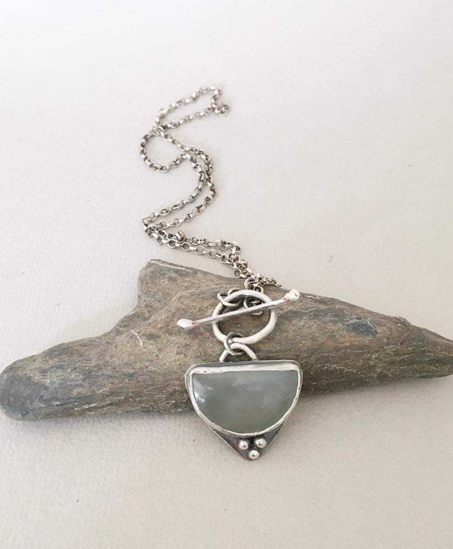 Silver Necklace - Toggle Clasp Necklace - Green Stone Necklace