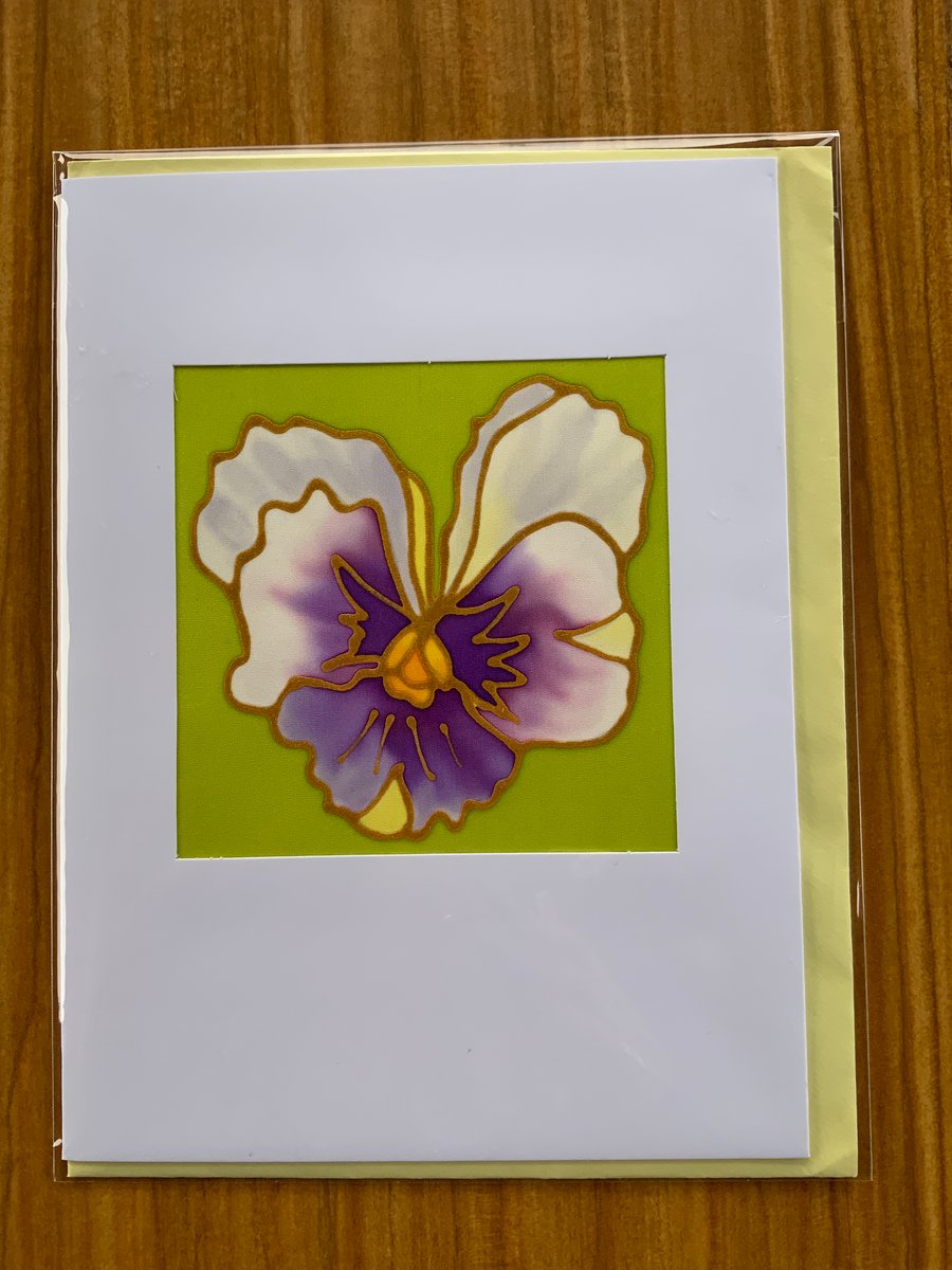 Original Hand Painted Silk Greeting Card Pansy