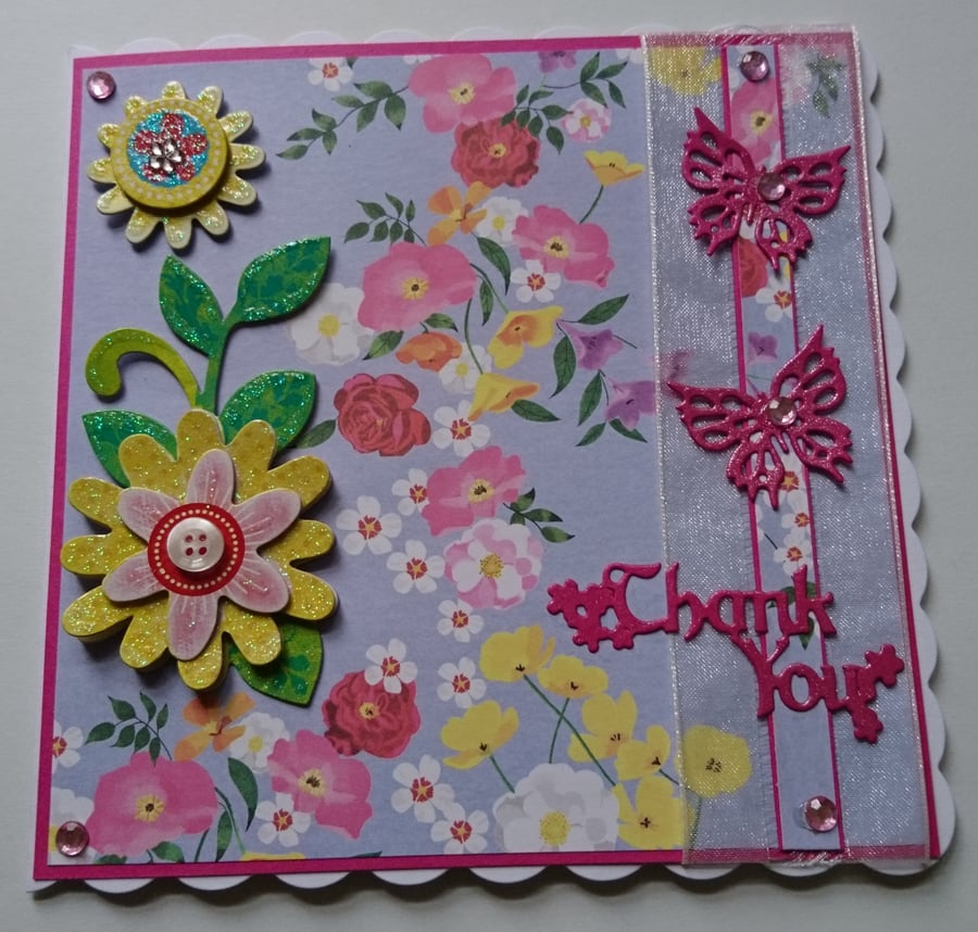 3D Luxury Handmade Card Thank You Cerise Pink Butterflies and Flowers
