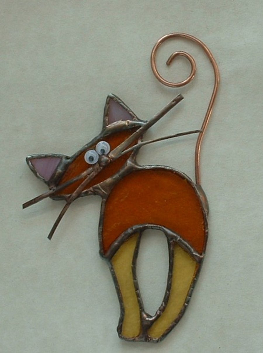 Marmalade Stained Glass & Copper Cat Suncatcher
