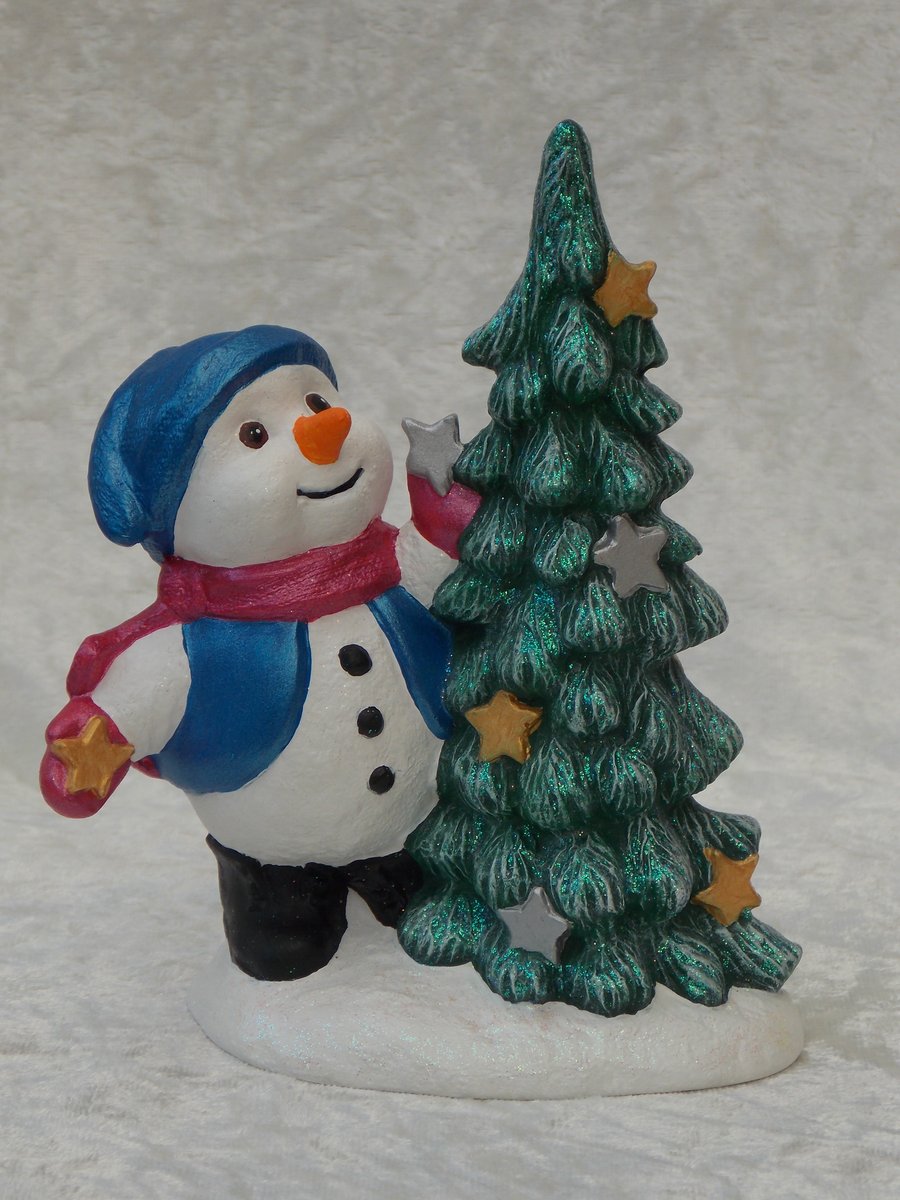 Ceramic Hand Painted Glittery Christmas Xmas Tree & Snowman Ornament Decoration.