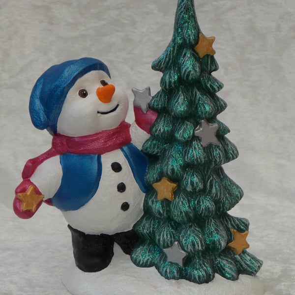 Ceramic Hand Painted Glittery Christmas Xmas Tree & Snowman Ornament Decoration.