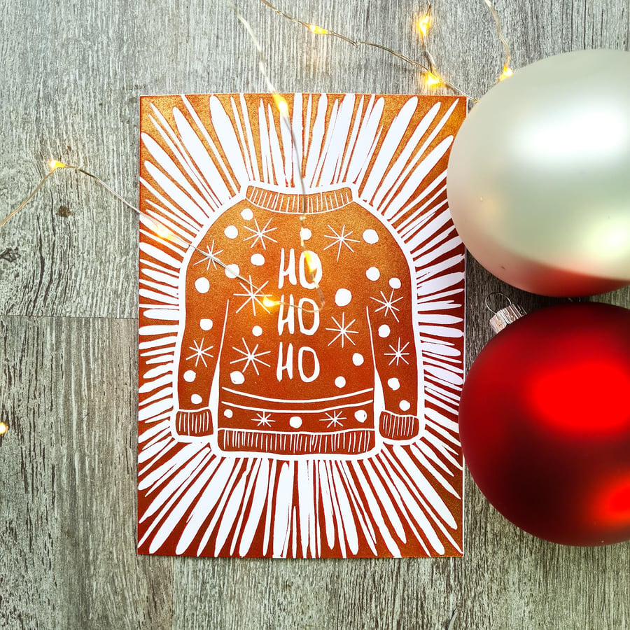 Hand printed linoprint Christmas Jumper Christmas card.