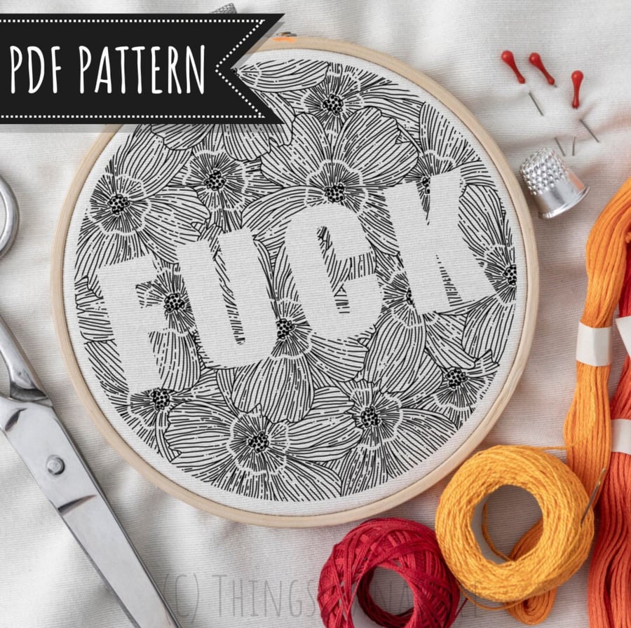 DIGITAL Expletive embroidery pattern printable design FUCK swear word humour 